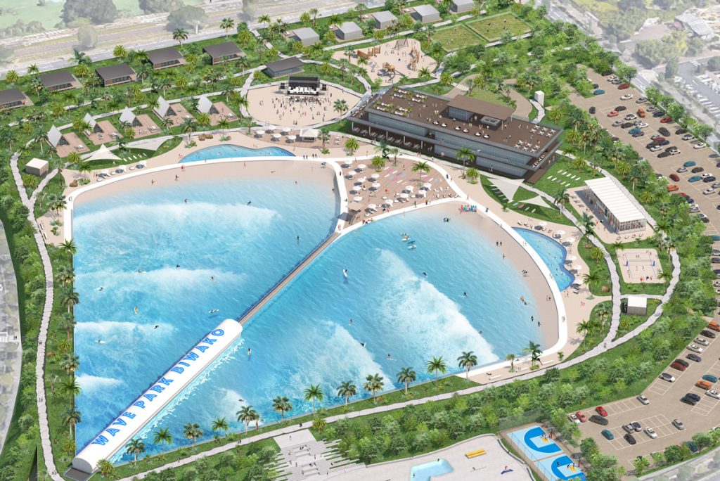 滋賀県の琵琶湖に人工サーフィン施設（ウェーブプール）を中心とした